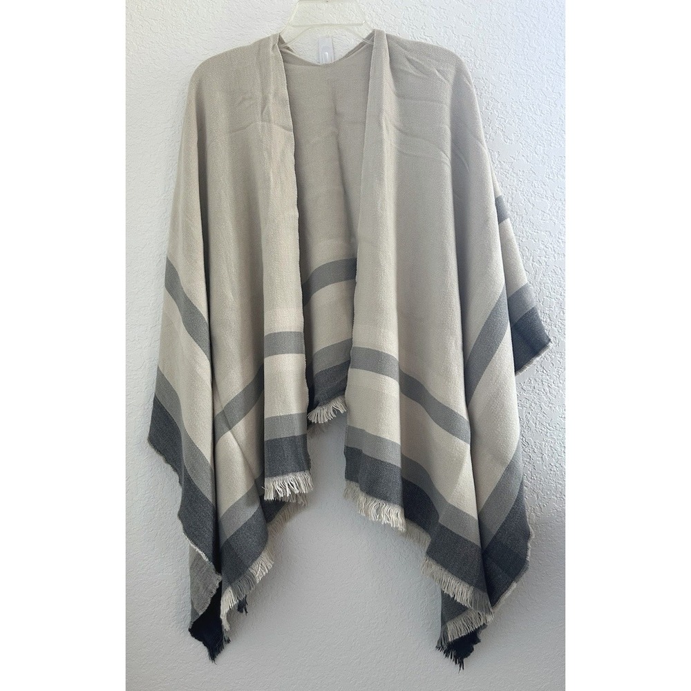 Siizu Alltrue Fringe Flowy Shawl‎ Wrap OS Neutral Cream Gray Boho Office Comfort